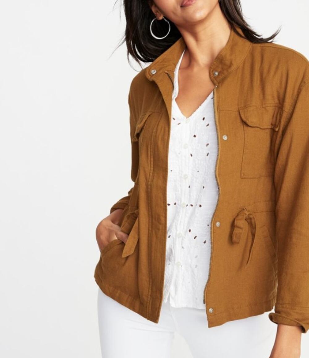Old Navy Mustard Yellow Linen Blend Utility Jacket Womens XS Full Zip Drawstring